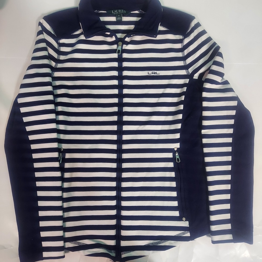 LRL LAUREN Women's Size Medium Navy/White Striped Full Zip Active Jacket Preppy